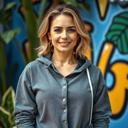 A stylish portrait of a woman over 30 years old, dressed in a buttoned-up long-sleeved shirt or a long-sleeved sweatshirt with no cutouts, or an oversized hoodie