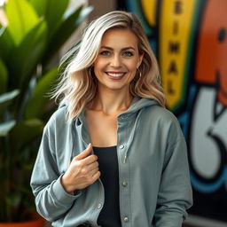 A stylish portrait of a woman over 30 years old, dressed in a buttoned-up long-sleeved shirt or a long-sleeved sweatshirt with no cutouts, or an oversized hoodie
