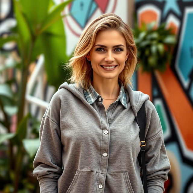 A stylish portrait of a woman over 30 years old, dressed in a buttoned-up long-sleeved shirt or a long-sleeved sweatshirt with no cutouts, or an oversized hoodie