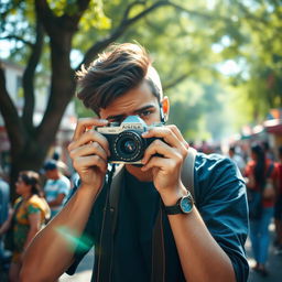 A dynamic scene featuring a young man standing behind a vintage film camera, capturing images with passion and enthusiasm