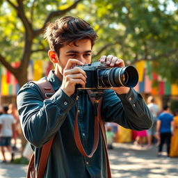 A dynamic scene featuring a young man standing behind a vintage film camera, capturing images with passion and enthusiasm