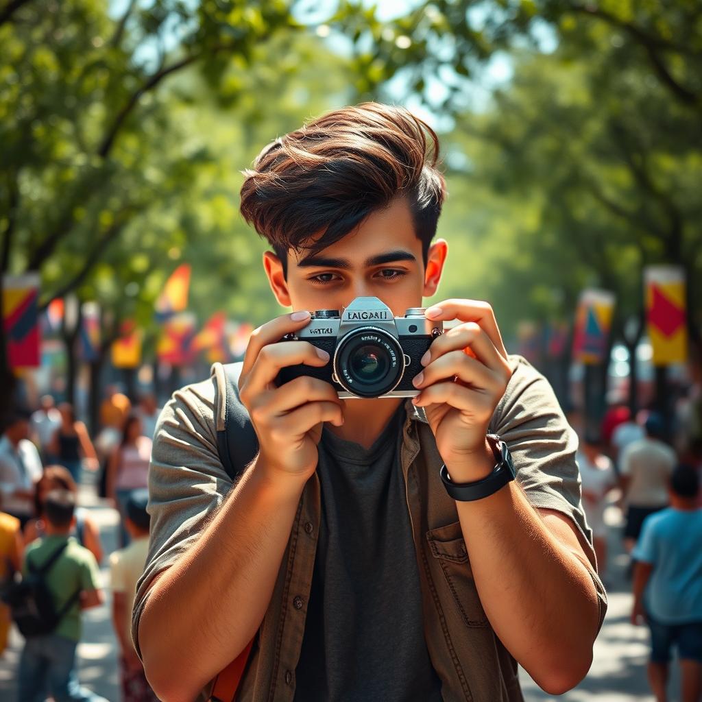 A dynamic scene featuring a young man standing behind a vintage film camera, capturing images with passion and enthusiasm