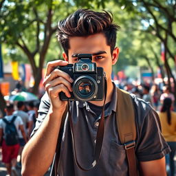 A dynamic scene featuring a young man standing behind a vintage film camera, capturing images with passion and enthusiasm