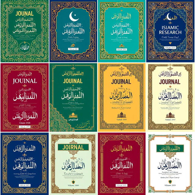 A collection of 20 editable covers for an Islamic research journal, each designed to reflect a unique theme while showcasing traditional Islamic art and modern aesthetics