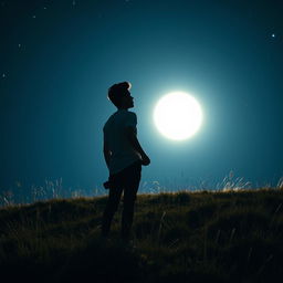 A stunning scene of a young man standing on a grassy hill with his back facing the viewer, gazing up at a bright, full moon illuminating the night sky