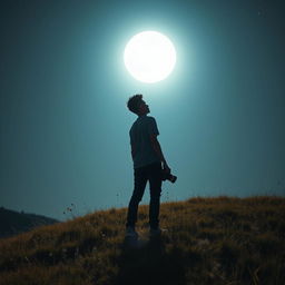 A stunning scene of a young man standing on a grassy hill with his back facing the viewer, gazing up at a bright, full moon illuminating the night sky