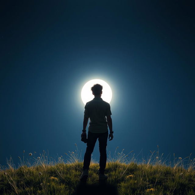 A stunning scene of a young man standing on a grassy hill with his back facing the viewer, gazing up at a bright, full moon illuminating the night sky