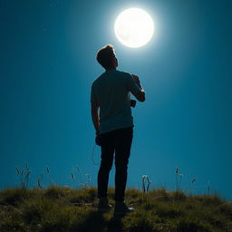 A stunning scene of a young man standing on a grassy hill with his back facing the viewer, gazing up at a bright, full moon illuminating the night sky