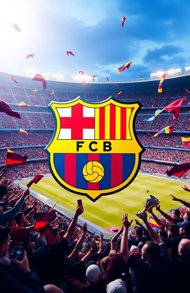 An artistic depiction of FC Barcelona's iconic logo, creatively blended with elements of the team's rich history and vibrant colors