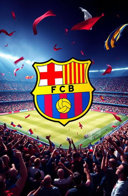 An artistic depiction of FC Barcelona's iconic logo, creatively blended with elements of the team's rich history and vibrant colors