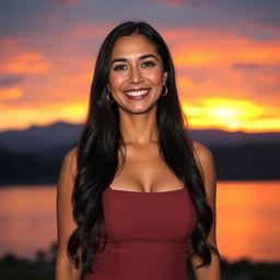 A beautiful Colombian woman aged 35 to 40 with long dark hair, standing full length in a stylish, solid-colored dress