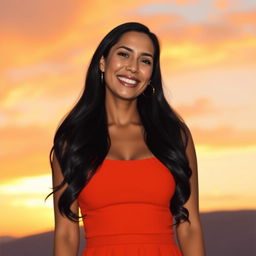 A beautiful Colombian woman aged 35 to 40 with long dark hair, standing full length in a stylish, solid-colored dress