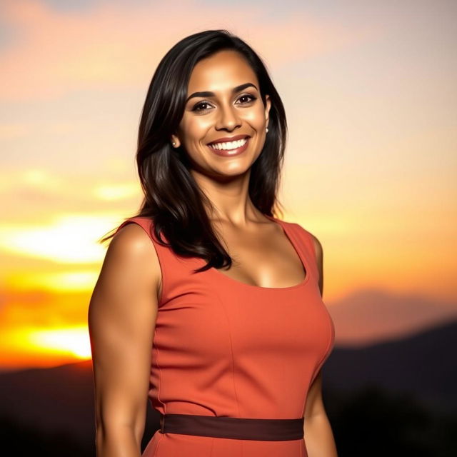 A beautiful Colombian woman aged 35 to 40 with long dark hair, standing full length in a stylish, solid-colored dress