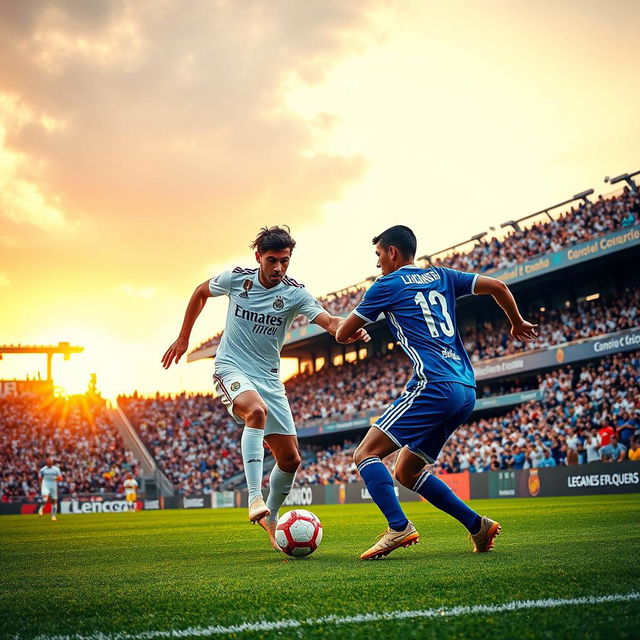 An action-packed soccer match between Leganes and Real Madrid at a vibrant stadium filled with fans