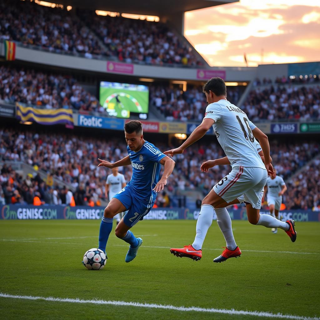 An action-packed soccer match between Leganes and Real Madrid at a vibrant stadium filled with fans