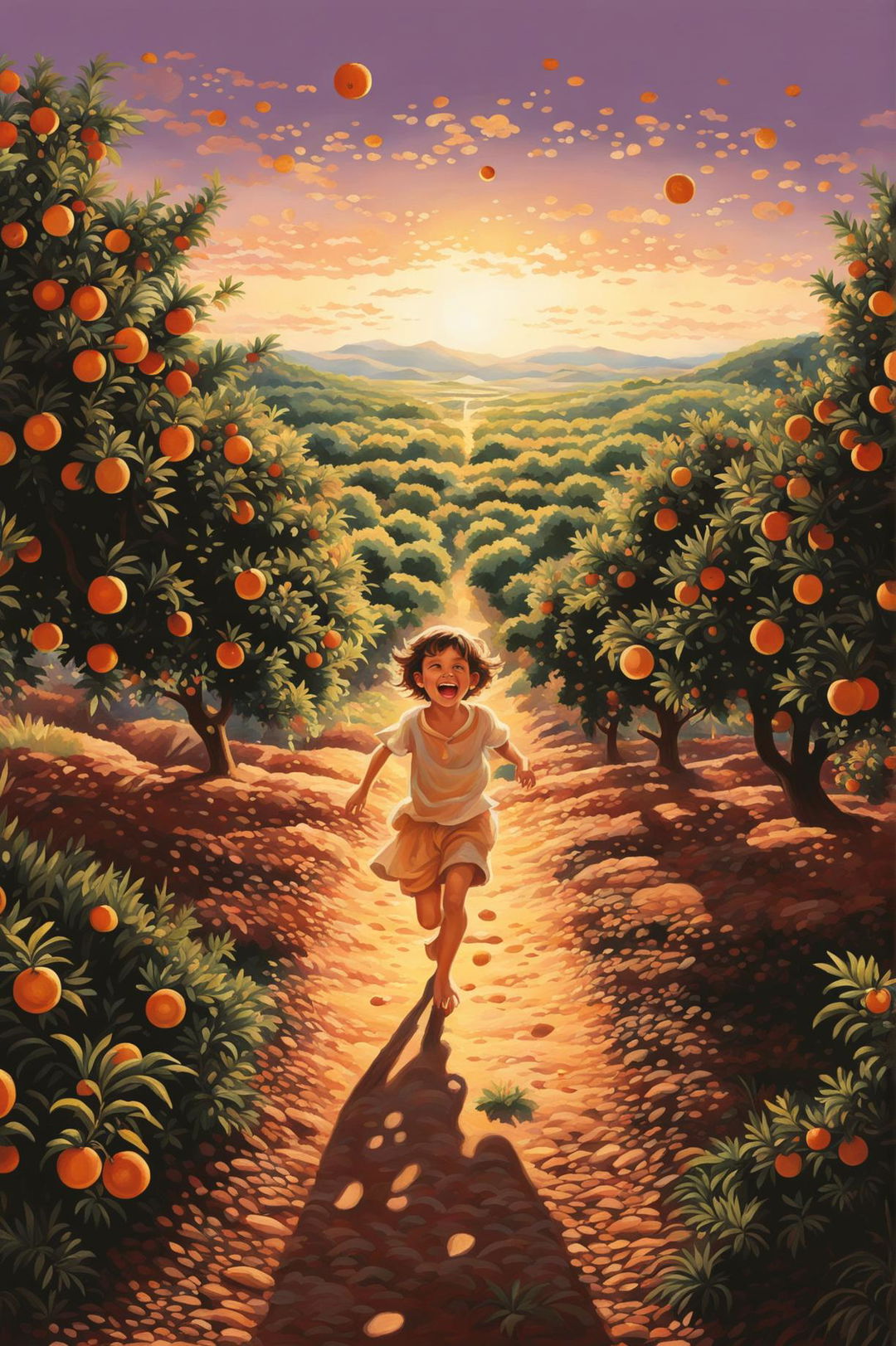 A high-quality digital art image of a Mediterranean orange orchard at dusk