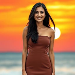 A beautiful Colombian woman aged 35 to 40 with long dark hair, standing full length in a stylish, solid-colored dress