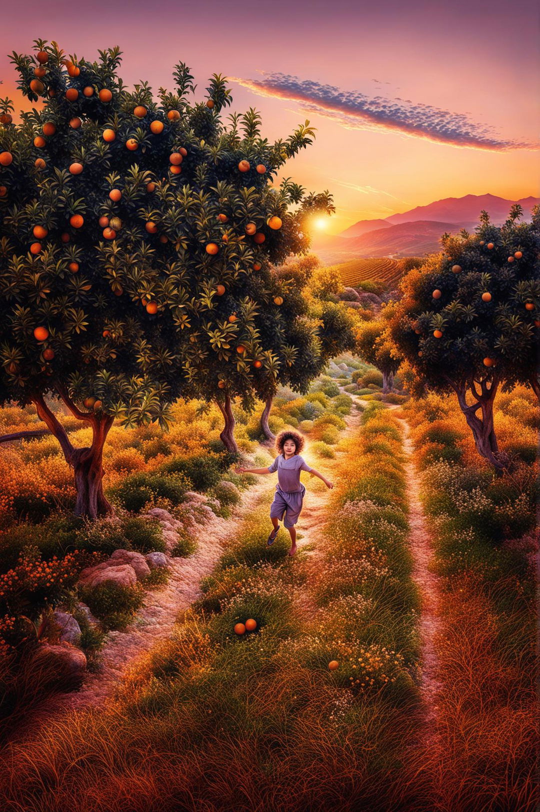 A wide-angle digital art image of a Mediterranean orange orchard at dusk