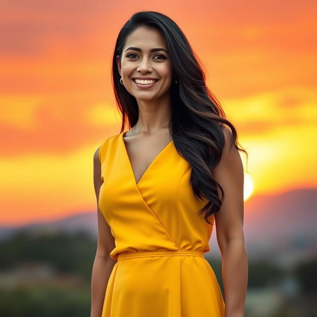 A beautiful Colombian woman aged 35 to 40 with long dark hair, standing full length in a stylish, solid-colored dress