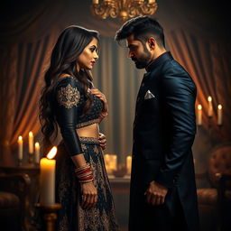 A captivating enemies-to-lovers scene set in a dimly lit, opulent room with traditional Indian decor