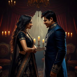 A captivating enemies-to-lovers scene set in a dimly lit, opulent room with traditional Indian decor