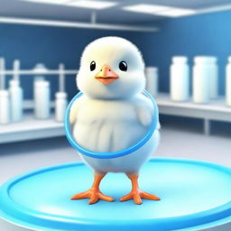 A 3D animated image depicting a small chick standing within a blue circle in a laboratory setting