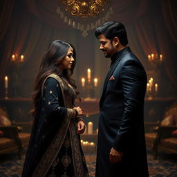 A captivating enemies-to-lovers scene set in a dimly lit, opulent room with traditional Indian decor