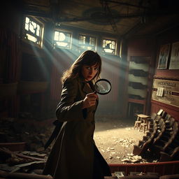 A female detective exploring an abandoned theater in an urban setting, with dramatic lighting casting shadows across the dusty stage