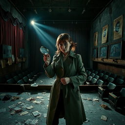 A female detective exploring an abandoned theater in an urban setting, with dramatic lighting casting shadows across the dusty stage