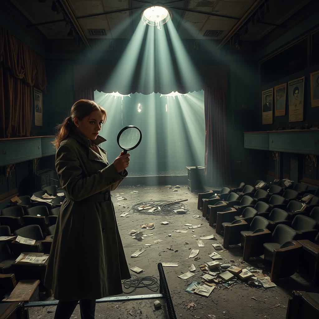 A female detective exploring an abandoned theater in an urban setting, with dramatic lighting casting shadows across the dusty stage