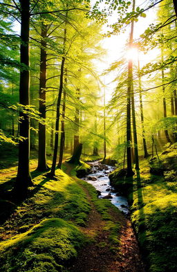 A serene forest landscape bathed in golden sunlight, with tall, lush green trees surrounding a winding path