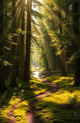 A serene forest landscape bathed in golden sunlight, with tall, lush green trees surrounding a winding path