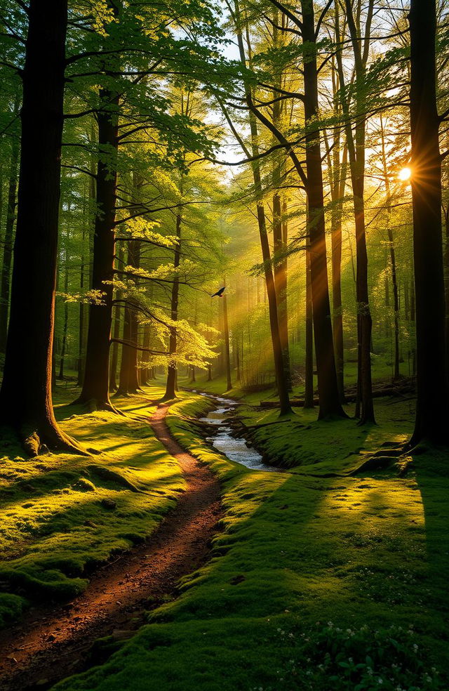 A serene forest landscape bathed in golden sunlight, with tall, lush green trees surrounding a winding path