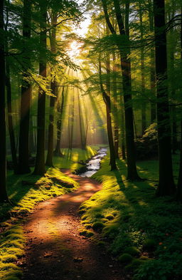 A serene forest landscape bathed in golden sunlight, with tall, lush green trees surrounding a winding path