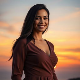 A beautiful Colombian woman aged 35 to 40 years with long dark hair, standing in a full-body pose