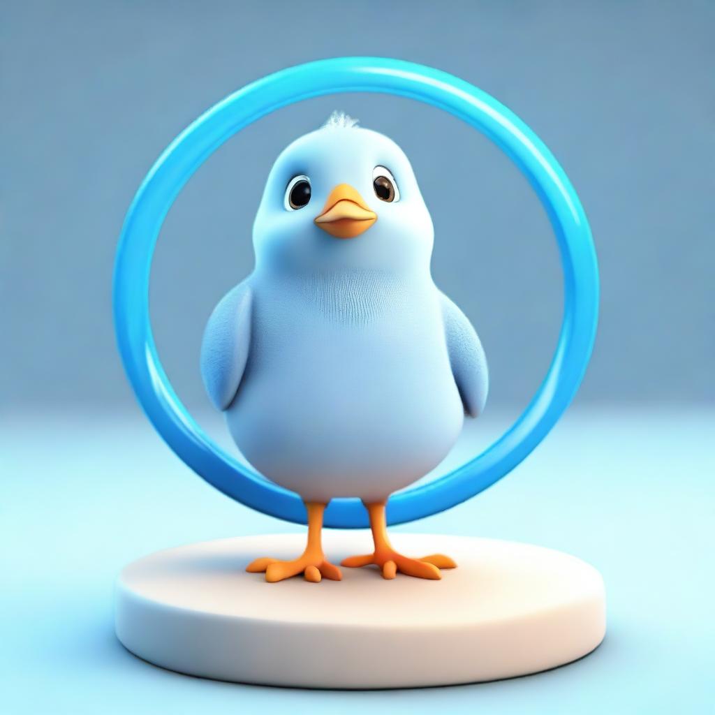 A 3D animated image depicting a small chick standing within a blue circle in a laboratory setting