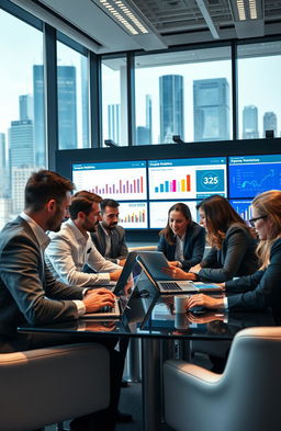 A dynamic and engaging scene depicting a group of diverse business managers attentively analyzing data on sleek laptops in a modern conference room