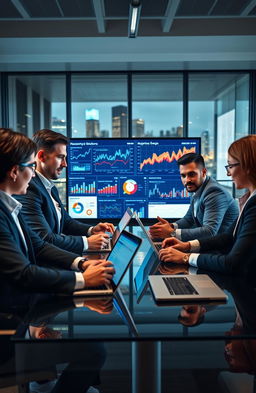 A dynamic and engaging scene depicting a group of diverse business managers attentively analyzing data on sleek laptops in a modern conference room