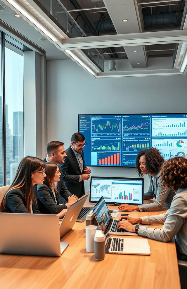 A dynamic and engaging scene depicting a group of diverse business managers attentively analyzing data on sleek laptops in a modern conference room