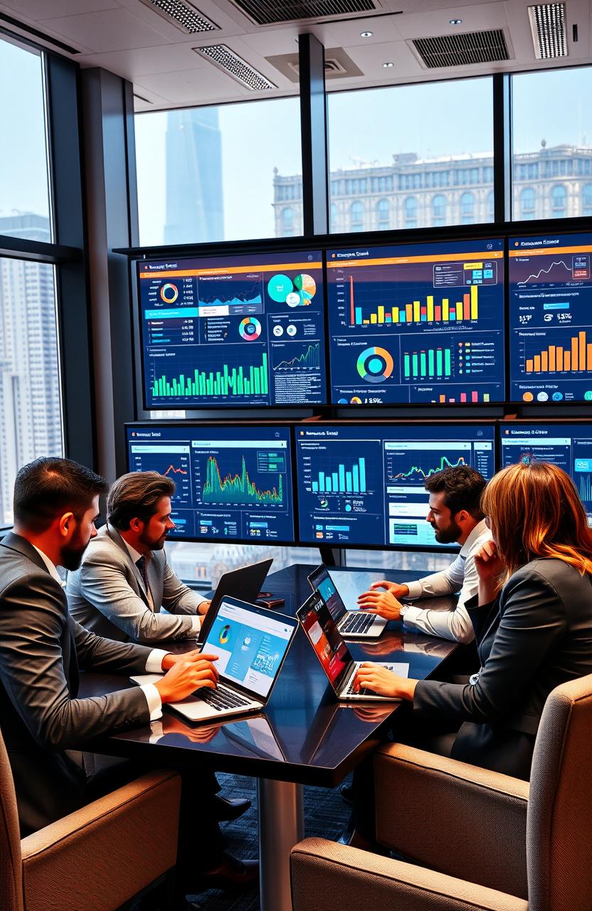 A dynamic and engaging scene depicting a group of diverse business managers attentively analyzing data on sleek laptops in a modern conference room