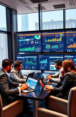 A dynamic and engaging scene depicting a group of diverse business managers attentively analyzing data on sleek laptops in a modern conference room