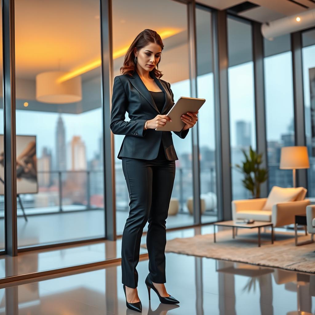 A powerful and confident female boss standing in a modern office, with expansive glass windows showcasing a city skyline, dressed in a stylish tailored suit with a smart blazer and high heels