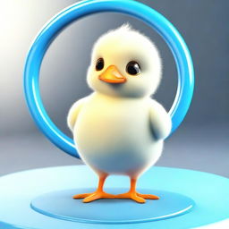 A 3D animated image depicting a small chick standing within a blue circle in a laboratory setting