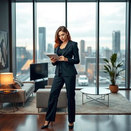 A powerful and confident female boss standing in a modern office, with expansive glass windows showcasing a city skyline, dressed in a stylish tailored suit with a smart blazer and high heels