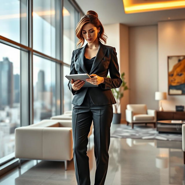 A powerful and confident female boss standing in a modern office, with expansive glass windows showcasing a city skyline, dressed in a stylish tailored suit with a smart blazer and high heels