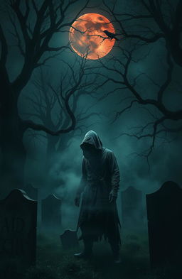 A terrifying scene set in a desolate, fog-shrouded graveyard at midnight