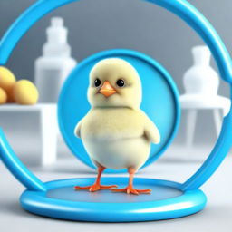 A 3D animated image depicting a small chick standing within a blue circle in a laboratory setting