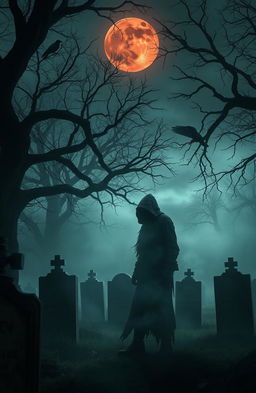 A terrifying scene set in a desolate, fog-shrouded graveyard at midnight