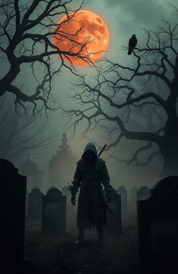 A terrifying scene set in a desolate, fog-shrouded graveyard at midnight