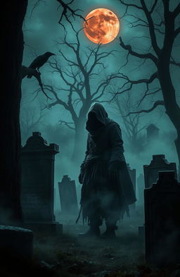 A terrifying scene set in a desolate, fog-shrouded graveyard at midnight